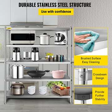 VBENLEM Stainless Steel Shelving 60x18.5 Inch 5 Tier Adjustable Shelf Storage Unit Stainless Steel Heavy Duty Shelving for Kitchen Commercial Office Garage Storage 330lb Per Shelf