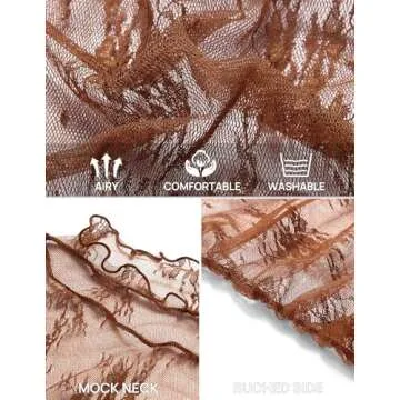 LEANI Women's 2024 Sheer Mesh Crop Top Long Sleeve Mock Neck Lace Floral See Through Y2K Shirt Blouses, Brown, S