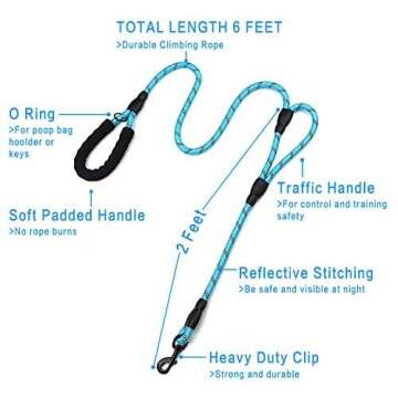 Plutus Pet Rope Dog Leash 6ft Long,Traffic Padded Two Handle,Heavy Duty,Reflective Double Handles Lead for Control Safety Training,Leashes for Large Dogs or Medium Dogs,Dual Handles Leads(Light Blue)