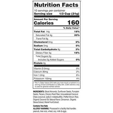 Diabetic Kitchen Cinnamon Pecan Granola Cereal - Low Carb Snacks w/Prebiotics & No Added Sugar - No Erythritol, 3 Net Carbs & Gluten-Free