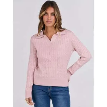 ANRABESS Womens Cable Knit Sweaters Long Sleeve V Neck Sweater Tops Casual Pullover Polo Shirts 2024 Fall Fashion Outfits Pink L