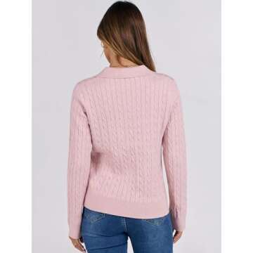 ANRABESS Womens Cable Knit Sweaters Long Sleeve V Neck Sweater Tops Casual Pullover Polo Shirts 2024 Fall Fashion Outfits Pink L