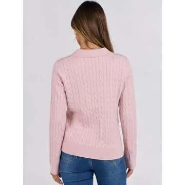 ANRABESS Womens Cable Knit Sweaters Long Sleeve V Neck Sweater Tops Casual Pullover Polo Shirts 2024 Fall Fashion Outfits Pink L