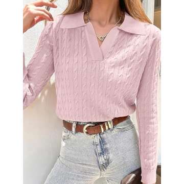 ANRABESS Womens Cable Knit Sweaters Long Sleeve V Neck Sweater Tops Casual Pullover Polo Shirts 2024 Fall Fashion Outfits Pink L