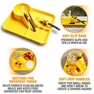 Dinneractive Dining Set for Kids - 3 Piece Construction Themed Toddler Utensils & Toddler Plates - Toddler Forks and Spoons - Kid Plate Set