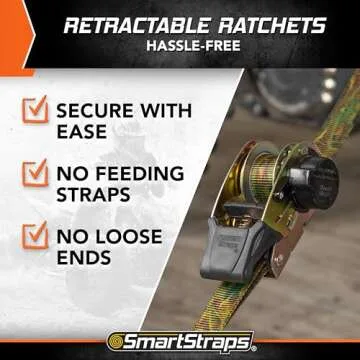 SMARTSTRAPS 10’ Retractable Ratchet Straps, 2 Pack — Heavy Duty Camo Ratchet Straps, 3,000lb Break Strength, 1,000lb Safe Work Load — Haul Motorcycles, Boats, and Appliances with Patented Technology