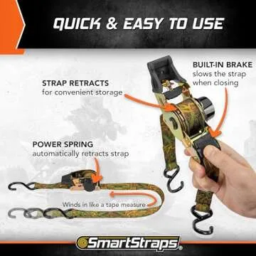SMARTSTRAPS 10’ Retractable Ratchet Straps, 2 Pack — Heavy Duty Camo Ratchet Straps, 3,000lb Break Strength, 1,000lb Safe Work Load — Haul Motorcycles, Boats, and Appliances with Patented Technology