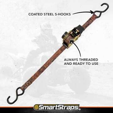 SMARTSTRAPS 10’ Retractable Ratchet Straps, 2 Pack — Heavy Duty Camo Ratchet Straps, 3,000lb Break Strength, 1,000lb Safe Work Load — Haul Motorcycles, Boats, and Appliances with Patented Technology