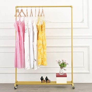 BOSURU Rolling Gold Clothing Racks on Wheels, Retail Display Industrial Pipe Clothing Racks for Hang...
