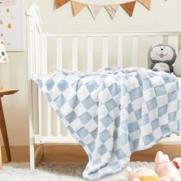 HOMRITAR Checkered Baby Blanket for Boys Girls Warm Cozy Reversible Checkerboard Toddlers Blanket, Fluffy Fuzzy Plush Lightweight Bed Blanket with Chessboard Grid Design 350GSM Baby Blue 30 x 40 Inch