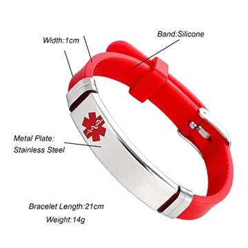 TGLS Women Red Medical Alert ID Hearing Impaired Bracelet - Stylish Stainless Steel & Silicone.