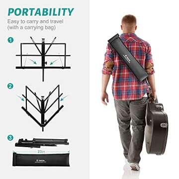 Vekkia Sheet Music Stand - Portable Folding Music Stand with Carrying Bag, Super Sturdy for Travel, Dual Use Metal Desktop Book Stand
