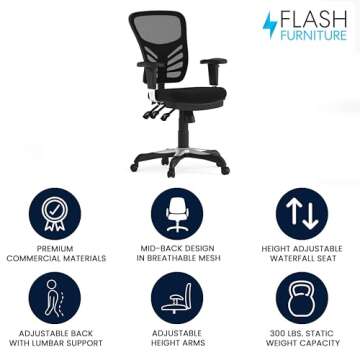 Flash Furniture Nicholas Mid-Back Swivel Office and Gaming Chair, Ergonomic Mesh Office Chair with Adjustable Lumbar Support and Height, Black