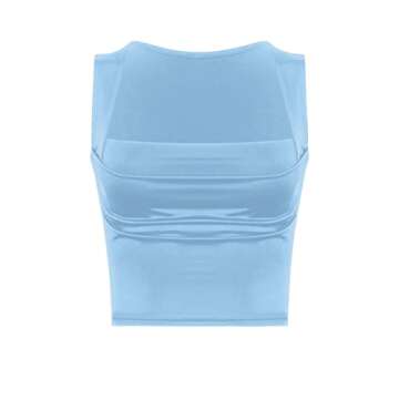 Meladyan Women Sexy Pleated Ruched Crop Tank Top Blue Square Neck Strappy Sleeve Cropped Vest Cami S...