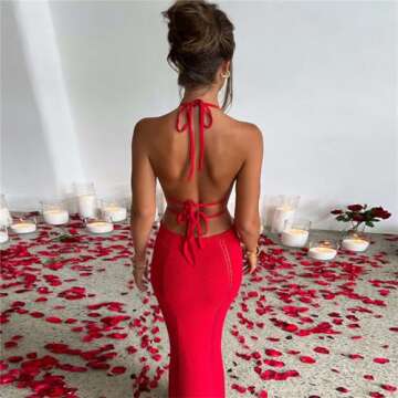 Women Sexy Crochet Maxi Dress Cut Out Halter V Neck Backless Knit Bodycon Long Dress Summer Beach Evening Party Dresses