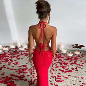 Women Sexy Crochet Maxi Dress Cut Out Halter V Neck Backless Knit Bodycon Long Dress Summer Beach Evening Party Dresses