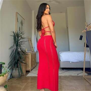 Women Sexy Crochet Maxi Dress Cut Out Halter V Neck Backless Knit Bodycon Long Dress Summer Beach Evening Party Dresses