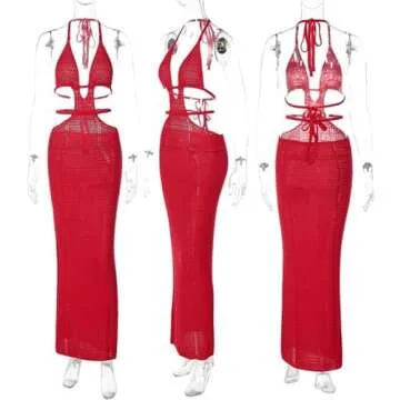 Women Sexy Crochet Maxi Dress Cut Out Halter V Neck Backless Knit Bodycon Long Dress Summer Beach Evening Party Dresses