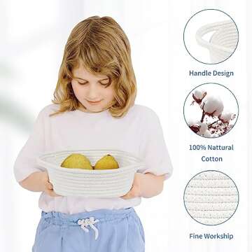 ABenkle Small Storage Basket, Mini Basket, Cute Tiny Cotton Rope Woven Basket, Shelf Basket, Boho Decorative Toy Dog Cat Basket for Nursery, Bedroom, Spa, Empty Gift Basket - XS, White