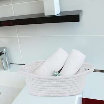 ABenkle Small Storage Basket, Mini Basket, Cute Tiny Cotton Rope Woven Basket, Shelf Basket, Boho Decorative Toy Dog Cat Basket for Nursery, Bedroom, Spa, Empty Gift Basket - XS, White