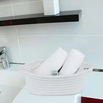 ABenkle Small Storage Basket, Mini Basket, Cute Tiny Cotton Rope Woven Basket, Shelf Basket, Boho Decorative Toy Dog Cat Basket for Nursery, Bedroom, Spa, Empty Gift Basket - XS, White