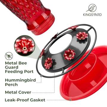 Kingsyard Hummingbird Feeders for Outdoors Hanging, 24 Ounce, Glass Hummingbird Feeder with Ant Moat & 6 Bee Guard Feeding Ports, Leak-Proof, Green & Red