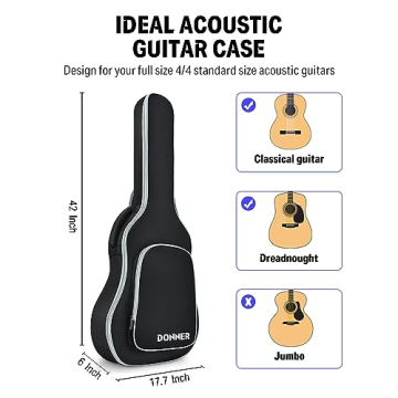 Donner 40 41 Inch Acoustic Guitar Case, 5 mm Thick Padding Sponge 600D Ripstop Waterproof Nylon Soft Acoustic Guitar Bag with Dual Adjustable Shoulder Strap and Thick Sponge Handle, Black