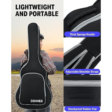 Donner 40 41 Inch Acoustic Guitar Case, 5 mm Thick Padding Sponge 600D Ripstop Waterproof Nylon Soft Acoustic Guitar Bag with Dual Adjustable Shoulder Strap and Thick Sponge Handle, Black