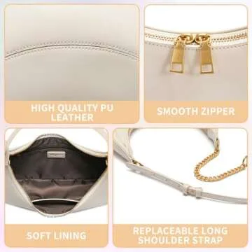 Hvjcez Crescent Shoulder Bag for Wome Fashionable Removable Hobo Tote Handbags Cute Zipper Closure Smooth Leather Crossbody Purses Designer Bags with 2 Removable Strap Khaki