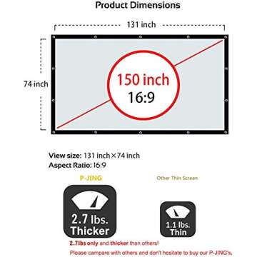 Projector Screen 150 inch 16:9 HD Foldable Anti-Crease Portable Projection Movies Screen for Home Theater Outdoor Indoor Support Double Sided Projection by P-JING