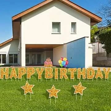 Jetec 18 Pieces Happy Birthday Yard Signs with Stakes, 16 Inches Birthday Outdoor Lawn Signs, Cake Balloon Patio Decorations, Garden Lawn Decorations for Party Outdoor Decor(Gold)