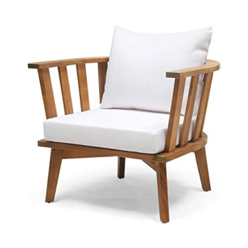 Christopher Knight Home Dean Outdoor Wooden Club Chair with Cushions, White and Teak Finish