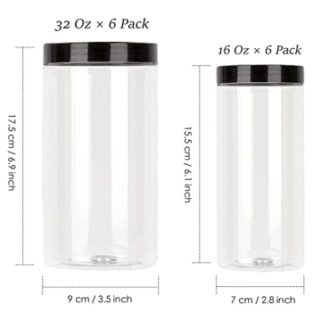 Airtight Clear Plastic Jars - Set of 12, BPA Free