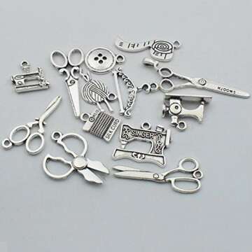 Youdiyla 68 PCS Silver Sewing Charms Collection - Mix Antique Scissor Pipe Yarn Clew Button Pendant Metal Supplies Findings for Jewelry Making (HM3)