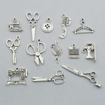 Youdiyla 68 PCS Silver Sewing Charms Collection - Mix Antique Scissor Pipe Yarn Clew Button Pendant Metal Supplies Findings for Jewelry Making (HM3)