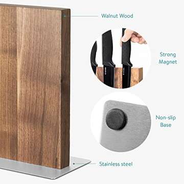 Navaris Magnetic Wooden Knife Block - Kitchen Storage with Strong Magnets for Knives & Utensils - Simple Modern Utensil Holder in Walnut Wood - 8.9" x 8.7"
