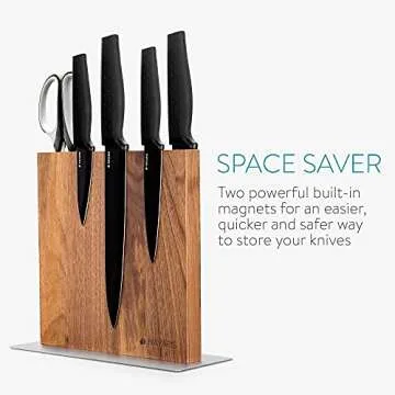 Navaris Magnetic Wooden Knife Block - Kitchen Storage with Strong Magnets for Knives & Utensils - Simple Modern Utensil Holder in Walnut Wood - 8.9" x 8.7"