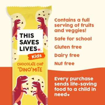 This Saves Lives Kids' Nut-Free Snack Bars, Helping to End Child Hunger, Individually Wrapped Kids Healthy Snack Bars - Gluten-Free, Non-GMO - Chocolate Chip "Dino" Mite, 0.88oz Bars (Pack of 15)