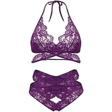 Donnalla Women Sexy Lingerie Set Two Piece Lace Bra and Panty Set Babydoll Sleepwear, Purple, XX-Lar...