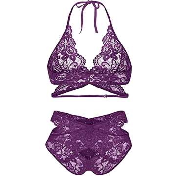 Donnalla Women Sexy Lingerie Set Two Piece Lace Bra and Panty Set Babydoll Sleepwear, Purple, XX-Large
