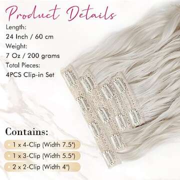 REECHO Clip in Hair Extensions, 4PCS Blonde Hair Extensions 24" Thick Long Beach Waves hair extensions HE003 Invisible Lace Weft Natural Soft Hairpieces for Women – Platinum Blonde