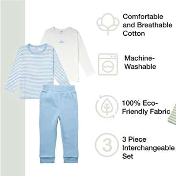 Stellou & friends Newborn, Baby & Toddler 3 piece shirt and pants set | 2 Long Sleeve Shirts with 1 Pair Joggers (Blue & White) (18-24 Months)