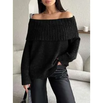 Saodimallsu Womens Off The Shoulder Sweaters Long Sleeve Slouchy Knitted Casual Loose Fall Trendy Pullover Tops Black