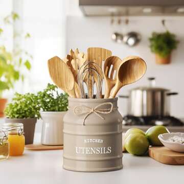 Barnyard Designs Ceramic Farmhouse Utensil Holder for Kitchen Counter, Large Rustic Utensil Crock, C...