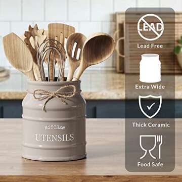 Barnyard Designs Ceramic Farmhouse Utensil Holder for Kitchen Counter, Large Rustic Utensil Crock, Countertop Cooking Tool Spatula Organizer, 6.75” (Taupe)