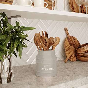 Barnyard Designs Ceramic Farmhouse Utensil Holder for Kitchen Counter, Large Rustic Utensil Crock, Countertop Cooking Tool Spatula Organizer, 6.75” (Taupe)