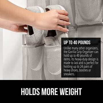 Gorilla Grip Over the Door Shoe Organizer, 24 Large Breathable Mesh Pockets, Space Saving Hanging Storage Holder, Closet Rack Hanger Holds Up to 40 lbs, Hangs on Closets for Shoes, Accessories, Linen