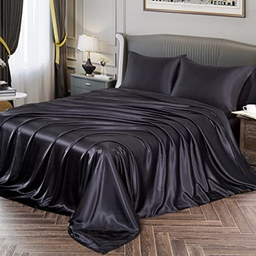Vonty Satin Sheets Full Size Silky Soft Satin Bed Sheets Set - Black Satin