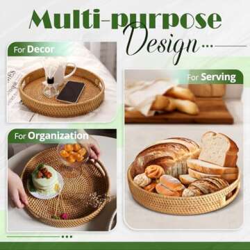 Artisan-Crafted 12'' Flat Round Rattan Tray, 1 PCS of Ottoman Tray - Elegant Coffee Table Tray, Wove...