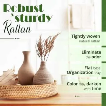 Artisan-Crafted 12'' Flat Round Rattan Tray, 1 PCS of Ottoman Tray - Elegant Coffee Table Tray, Woven Tray with Handles - Round Tray for Coffee Table - Round Wicker Tray with Natural Wicker Beauty